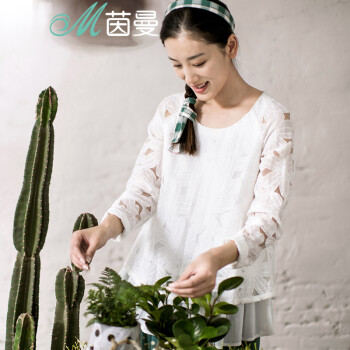 【秋冬特惠】茵曼春装新款淑女提花圆领长袖套头雪纺衫女【8532910044】 象牙白 M