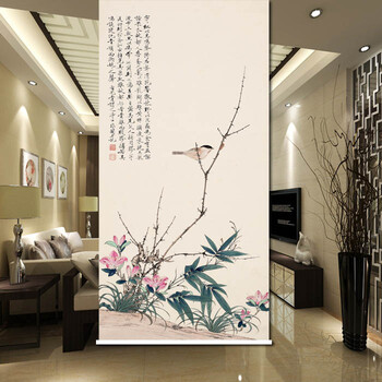 国画花鸟卷帘 文字诗句窗帘 中式挂画 书房门帘 软隔断 纱透布