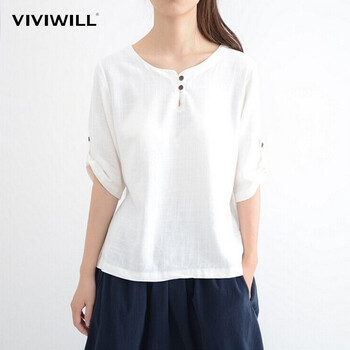 
                                        VIVIWILL 棉麻短袖T恤女夏 2017新款圆领大码宽松显瘦森女短袖上衣 白色 均码                