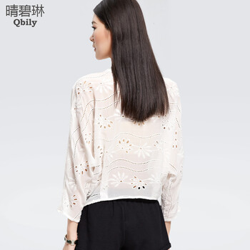 晴碧琳新品女装 蕾丝花边V领宽松蝙蝠袖绣花镂空雪纺衫 白色 L