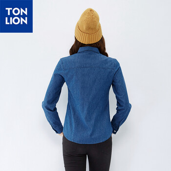 唐狮（TonLion）女小圆领字母印花牛仔衬衫 中牛仔蓝 L