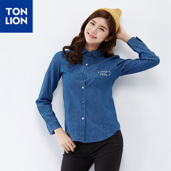 唐狮（TonLion）女小圆领字母印花牛仔衬衫 中牛仔蓝 L