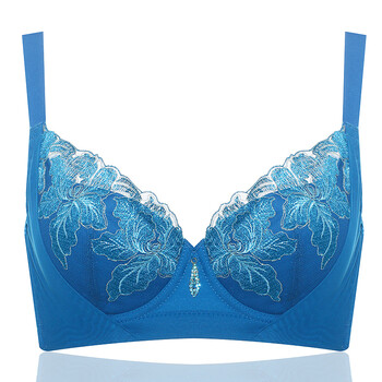 码蕾丝聚拢文胸罩收副乳大胸显小全罩杯性感上托防下垂品牌内衣 蓝色