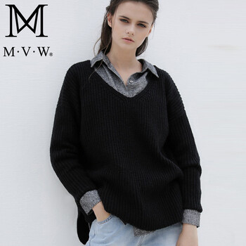 MVW秋冬季新款套头针织衫女休闲宽松时尚舒适黑色大v领毛衣短款韩版原创圆领女装保暖 S(此款无衬衣)