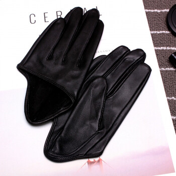 真皮手套女 性感真皮半掌手套 女式短羊皮手套c 经典黑色 l
