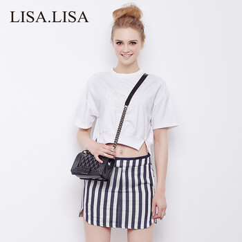 LisaLisa女装2015年夏季短款露肚脐t恤经典白色短袖T 时尚清新 白色