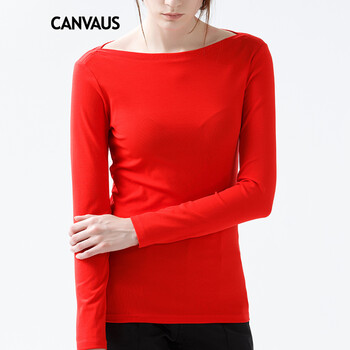 
                                        CANVAUS 棉纯色长袖T恤女一字领黑色春修身大码打底衫F132A 黑色 XXL                