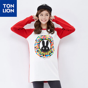 唐狮（TonLion）2015秋  女前胸印花圆领插肩袖套头卫衣 大红 M