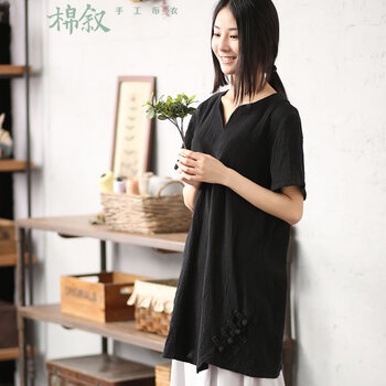 棉叙 第5062页 2016夏装新品盘扣衬衣宽松棉麻短袖衬衫 黑色长衬衫女 黑色 M