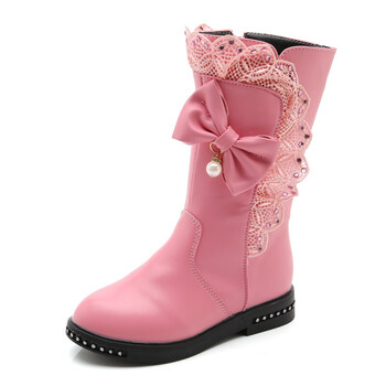 2017秋冬雪地靴高筒靴长靴韩版女童单靴中大童马丁靴 大棉蝴蝶靴粉色