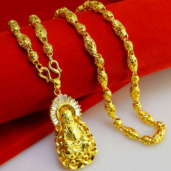 老·凤·祥款黄色金项链吊坠观音菩萨坠子男款女吊牌镂空链子镶嵌