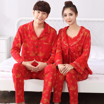 光迅情侣睡衣长袖纯棉春秋季新婚庆大红色男女全棉结婚喜庆家居服套装