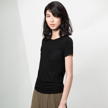 Amii【极简主义】夏新品横条网眼拼接圆领短袖大码T恤女5色女11570314 黑色 L
