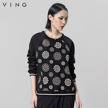 
                                        VING春秋高端女装刺绣网面拼接套头时尚棒球服卫衣女 黑色 XL                