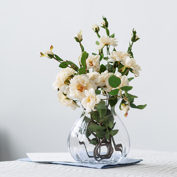 北欧国度 仿真月季花绢花 透明玻璃花瓶 花艺摆件 餐桌花艺套装 套装