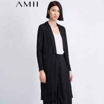 Amii【极简主义】秋冬纯色长袖翻领流苏长款开衫H型大码外套11571280 黑色 XXL
