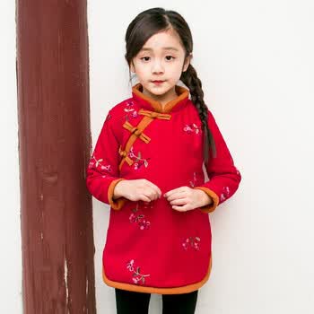 女童冬季加绒连衣裙加厚保暖宝宝过年衣服喜庆拜年服儿童旗袍唐装礼服