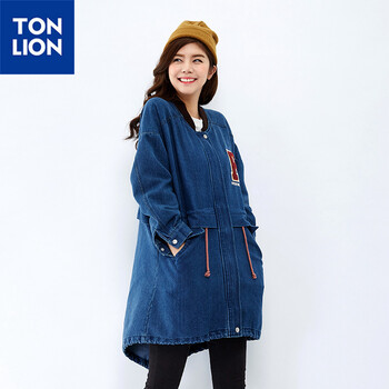 唐狮（TonLion）女宽松版前后印绣花罗纹领牛仔风衣外套 615321054402 中牛仔蓝 M