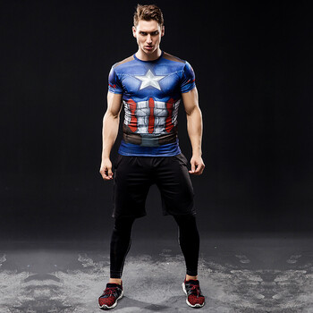 健身房速干衣夏季跑步运动套装训练服紧身衣 美国队长 019黑短裤 黑