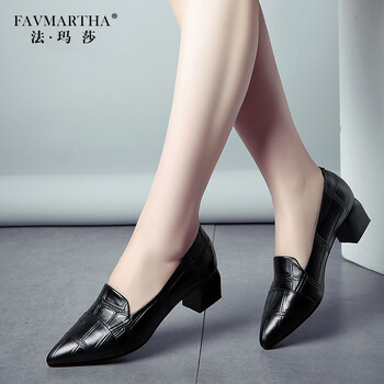法玛莎品牌粗跟单鞋女中跟春季真皮尖头女鞋新款浅口高跟鞋婚鞋大码
