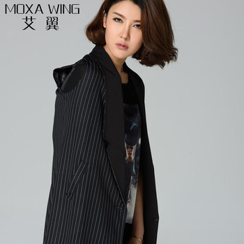 MOXA WING/艾翼 超大牌定制款女装四季百搭长款英伦范条纹马甲外套 撞色领口 黑色 XXL
