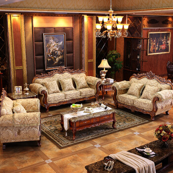欧式布艺沙发123组合美式田园沙发大小户型客厅雕花实木沙发 a5浅黄