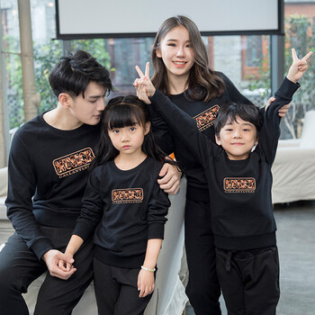 圆领子卫衣2018春冬新款一家三口亲子装 黑色 女款s