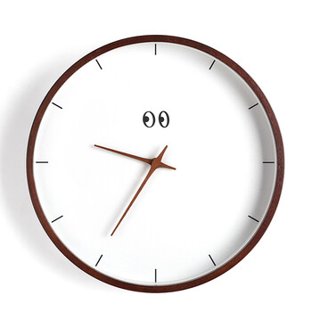 日式北欧实木钟饰圆形时尚现代原木质石英钟钟表静音 胡桃框★柳叶针