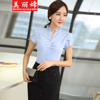 美丽嫦2016职业衬衫包裙面试正装职业套装酒店工作服白领女裙套装 蓝色 M