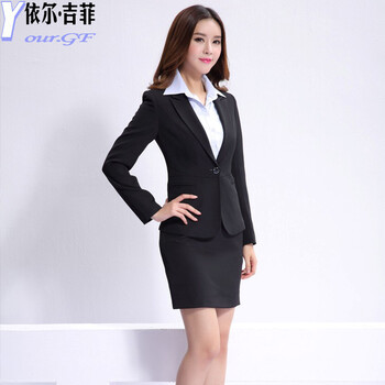 依尔 吉菲2015秋季新款职业女装大码OL通勤女西装 西服两件套装 春秋面试工作服女秋装 黑色裙套装 XXL