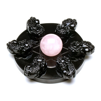 慈灵阁 天然黑曜石貔貅七星阵摆件貔貅摆件 六圣吸财貔貅印摆件 粉