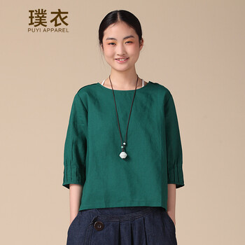璞衣  2015春夏新款棉麻女装 纯色衬衫文艺范简约圆领套头纯色五分袖衬衫00027 绿色 均码
