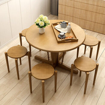 圆形餐桌家用实木现代简约小户型桌子6人吃饭北欧餐桌椅组合 原木色