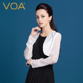 
                                        VOA 宽松白色真丝防晒衣女短外套长袖提花桑蚕丝空调衫小披肩薄 拉斐尔的云白(165) XL                