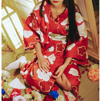 蒂卡黛日系日本 red大红色和服浴衣女复古yukata改良同款摄影拍照