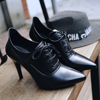 秋季新款深口单鞋尖头系带细高跟女士小皮鞋女鞋裸靴及踝单靴 黑色 皮