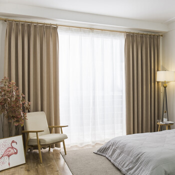 现代窗帘成品客厅卧室美式乡村纯色棉麻遮光布料北欧落地纱帘 卡其色