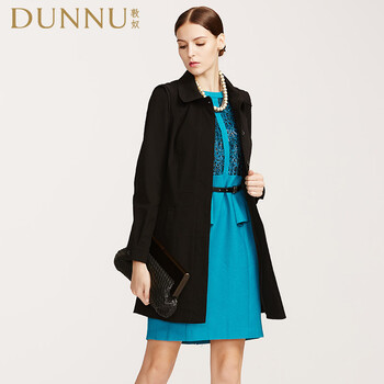 DUNNU敦奴 专柜正品  秋季新款纯色复古气质风衣 黑色 XXL