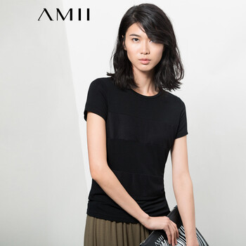 Amii【极简主义】夏新品横条网眼拼接圆领短袖大码T恤女5色女11570314 黑色 L