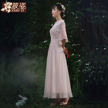 筱姿 清舞 2016春夏复古新款 女装木耳边 雪纺 绣花连衣裙长裙 浅粉 M