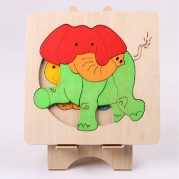 木质拼图3d多层立体拼图 益智木制故事拼图幼儿园动物 小象一家