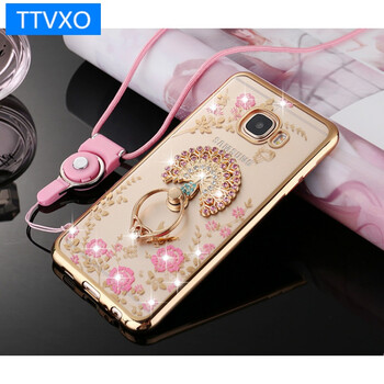 c9000保护套3星硅胶软防摔smc女款sm指环水钻 金边粉花 孔雀开屏 挂绳