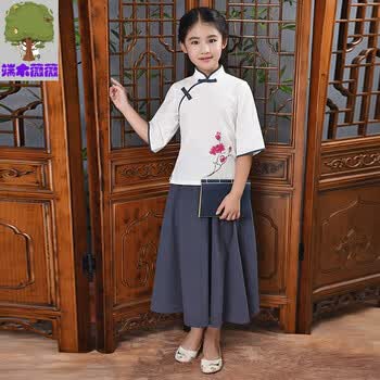 儿童女孩宝宝民国学生装唐装汉服中国风中式复古棉麻秋冬演出套装