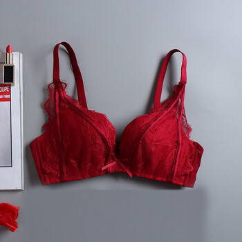 性感蕾丝无钢圈文胸聚拢上托无痕透气少女内衣红色内衣 酒红色 80/36