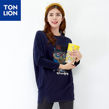 唐狮（TonLion） 女落肩宽松版前胸印花长款T恤6EK321023404 藏青 S