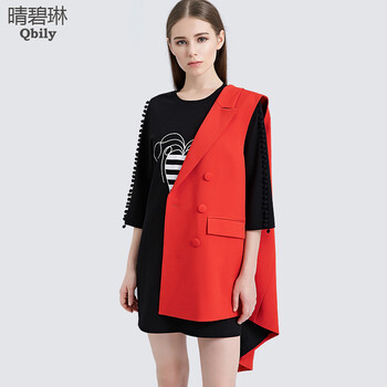 晴碧琳2015秋装新品女装 西装翻领无袖双排扣中长款马甲外套 红色 S