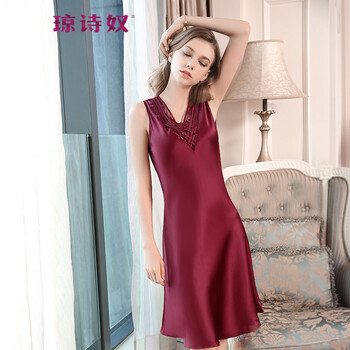 琼诗奴(qiongshinu)时尚品牌 桑蚕丝睡裙夏v领真丝睡衣女性感无袖丝绸