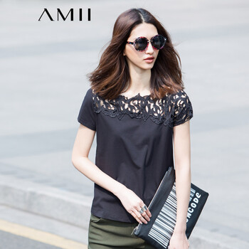 Amii【极简主义】2015夏新品大码百搭不对称拼蕾丝T恤11570437 黑色 M