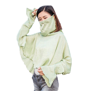 夏天长袖套女开车骑车防晒衣夏季长袖披肩口罩一体遮阳 青色 均码