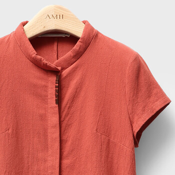 AMIIREDEFINE2015秋新品立领绣花前短后长纯棉大码衬衫女61570860 砖红 XL